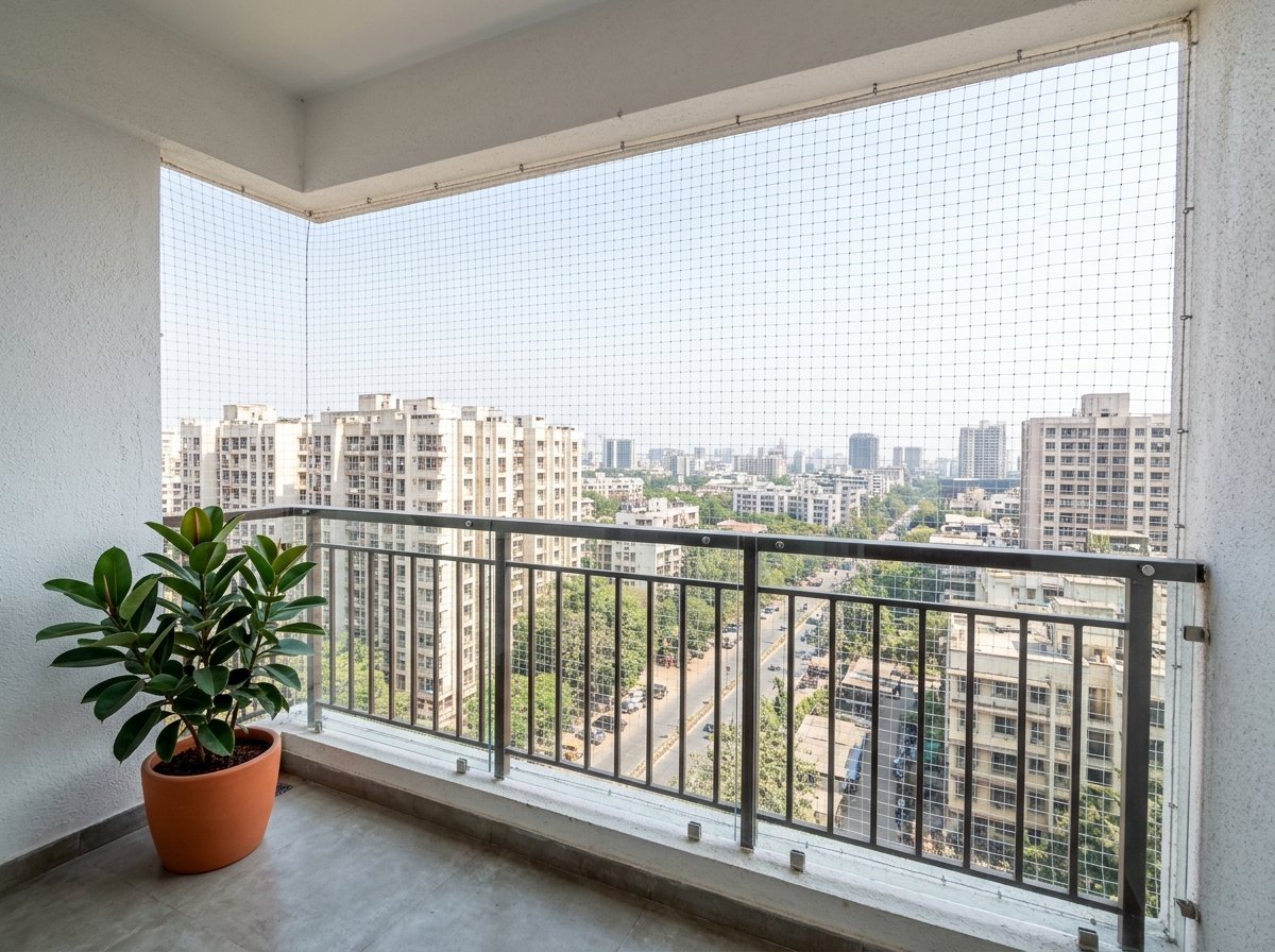 Clean apartment balcony after professional safety net installation
