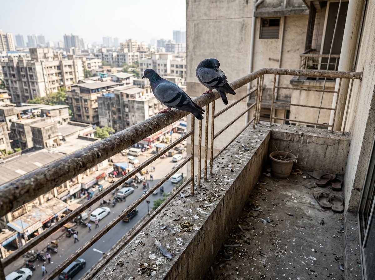 Apartment balcony before safety net installation showing pigeon droppings and safety concerns