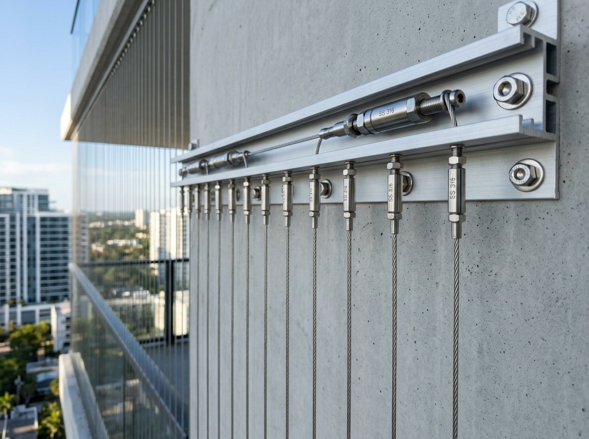 High detail photograph of 316 grade stainless steel invisible grill cables and aluminum track fixing